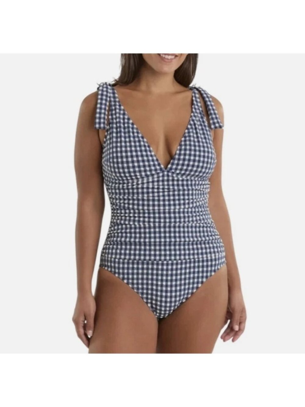 Ellen Tracy Womens Navy Gingham One-Piece Swimsuit With Adjustable Straps XXL